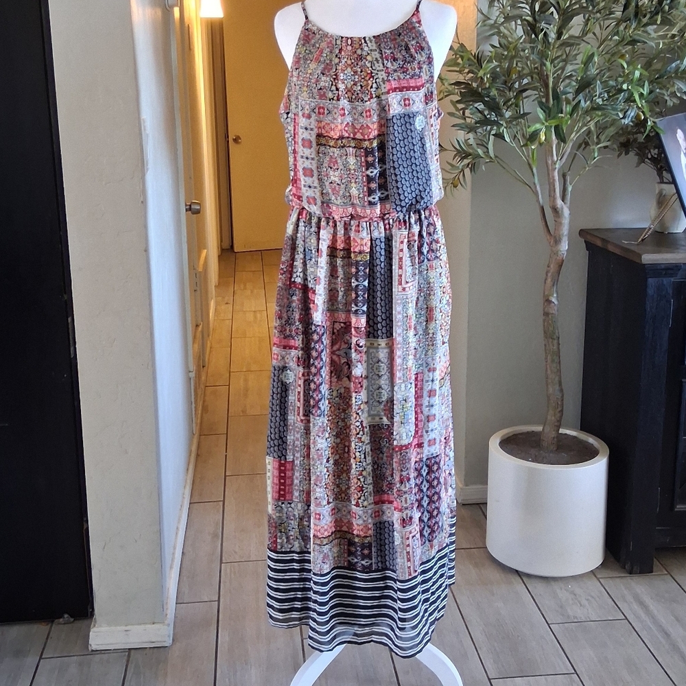 Tacera Multicolor Patchwork Maxiโ Dress SzL Chiffon Boho Resort